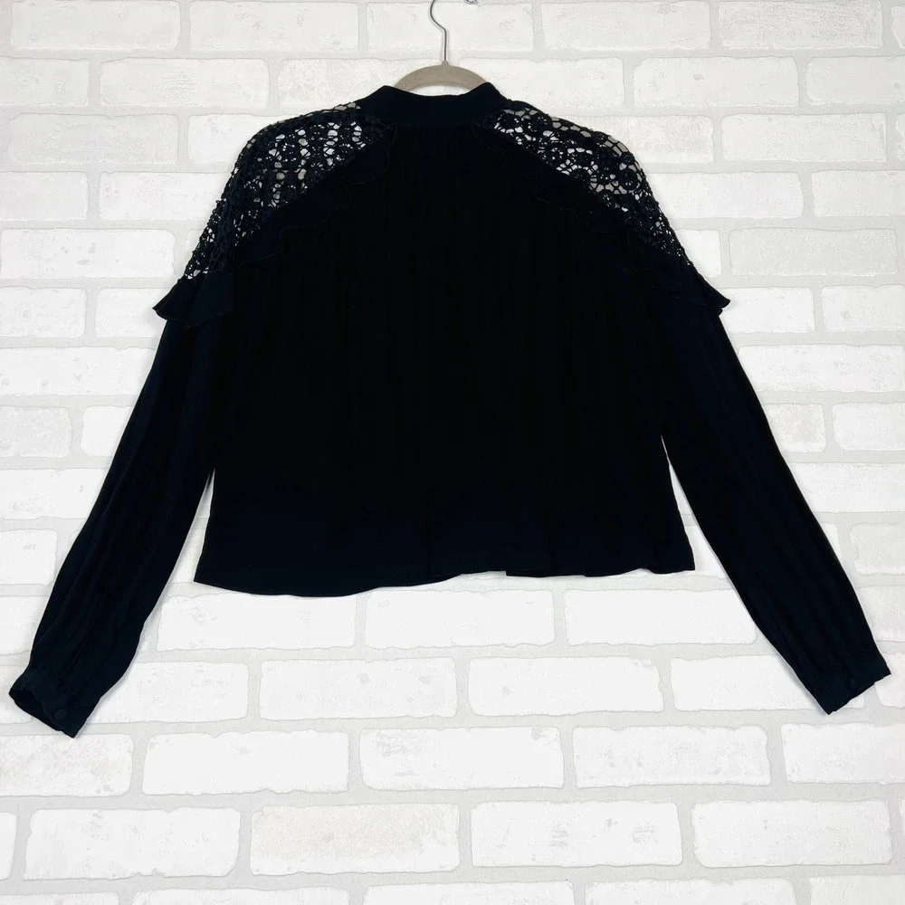 Free People Black Crochet Lace Ruffle Mock Neck Keyhole Blouse XS